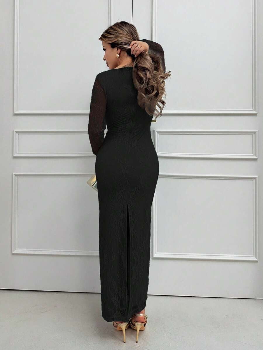 thumbnail image 2 of Black Lace Long Sleeve Square Neck Maxi Dress, 2 of 6