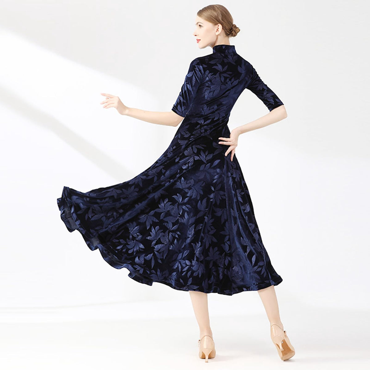 thumbnail image 2 of Women's evening cheongsam long dress. Short - sleeve, slim - fit maxi. Floral faux silk, stand - collar bodycon style., 2 of 6