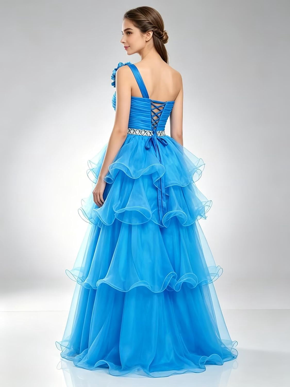 thumbnail image 3 of Women's One‑Shoulder Ruched Layered Ruffle Chiffon Long Formal Evening Dress with Rhinestone Waist Belt, 3 of 6