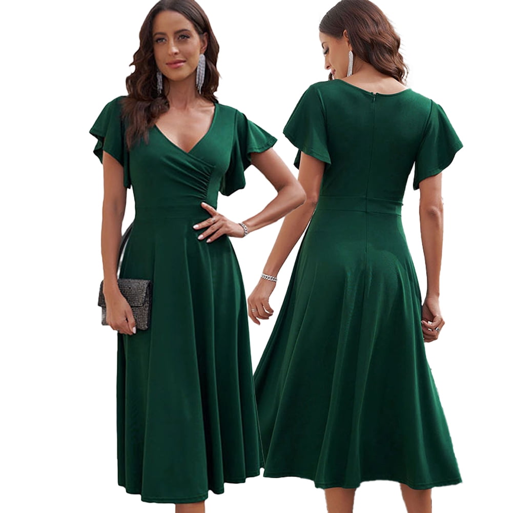 thumbnail image 6 of Fjuchai Women's Chiffon Dresses Short Sleeve V Neck Casual Ruffle Swing Dress S-XXL, 6 of 9