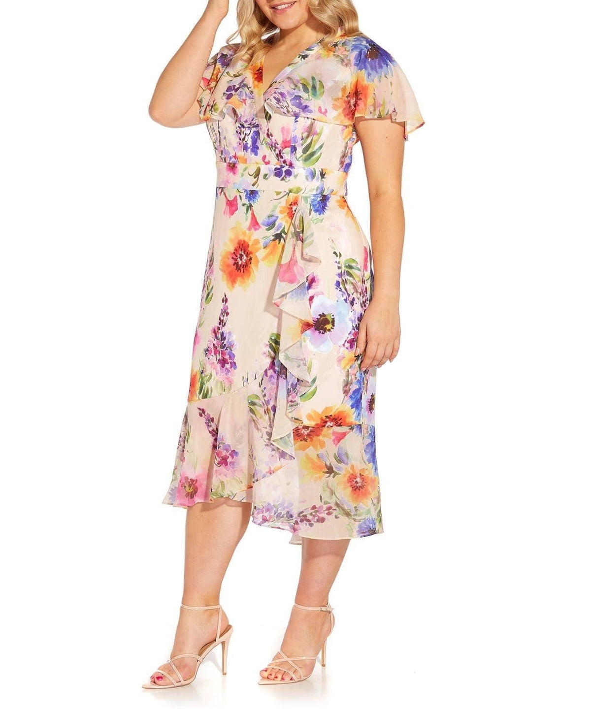 thumbnail image 3 of Adrianna Papell Women's Plus Size Floral Ruffled Midi Dress 24, Multicolor, 3 of 5