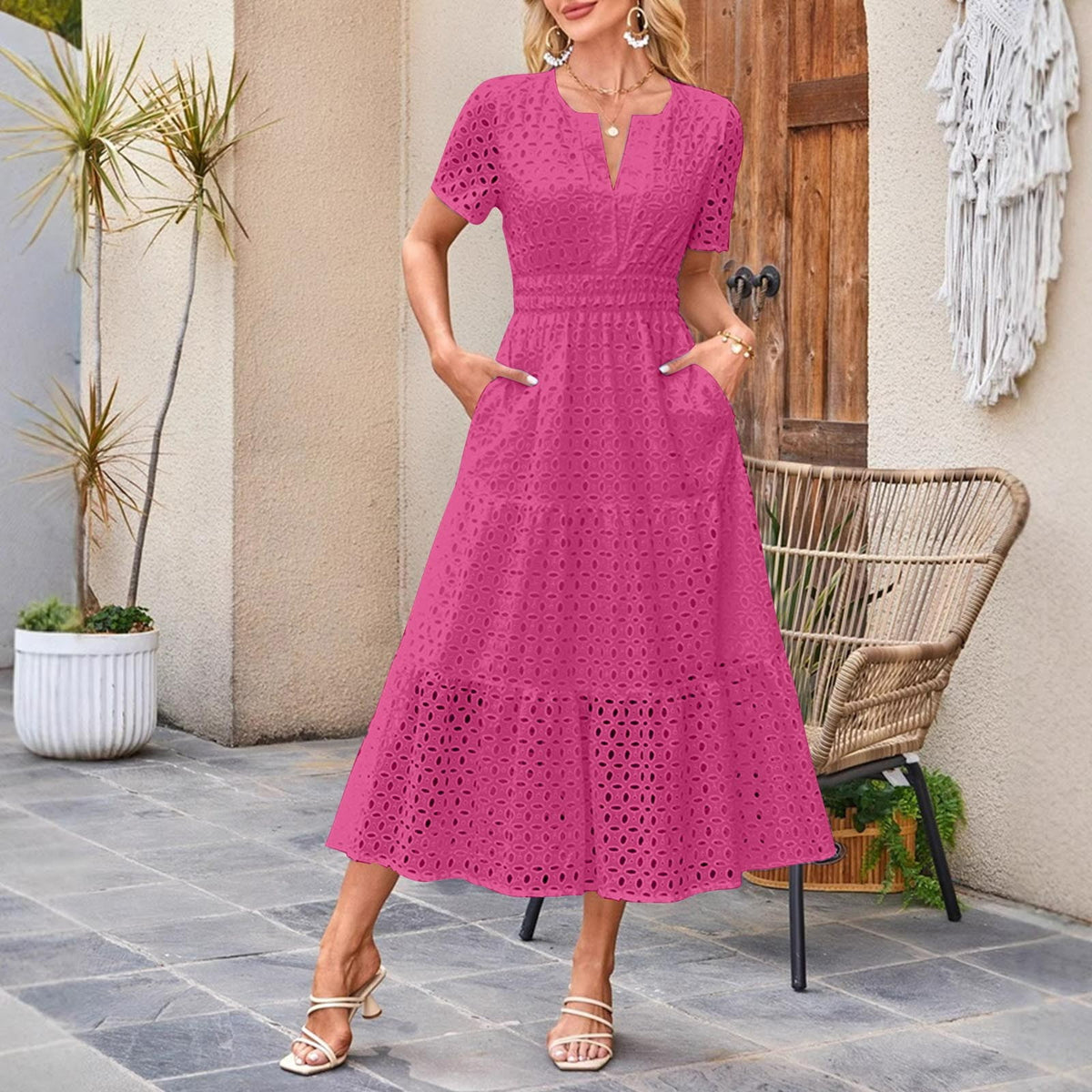 thumbnail image 5 of Aobny Tummy Control Sexy Dresses for Women Going Out Cotton Pink A-Line Eyelet Midi Short Sleeve Vacation Dresses, 5 of 5