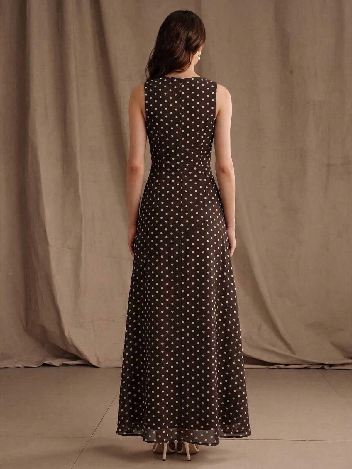 thumbnail image 7 of Womens Coffee Polka Dot Halter Neck Sleeveless Maxi Dress, 7 of 7