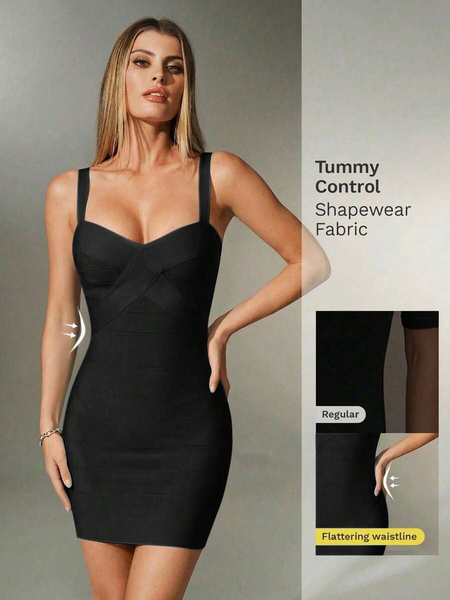 thumbnail image 6 of Black Bandage Bodycon Mini Dress With Sweetheart Neck And Adjustable Straps, 6 of 30