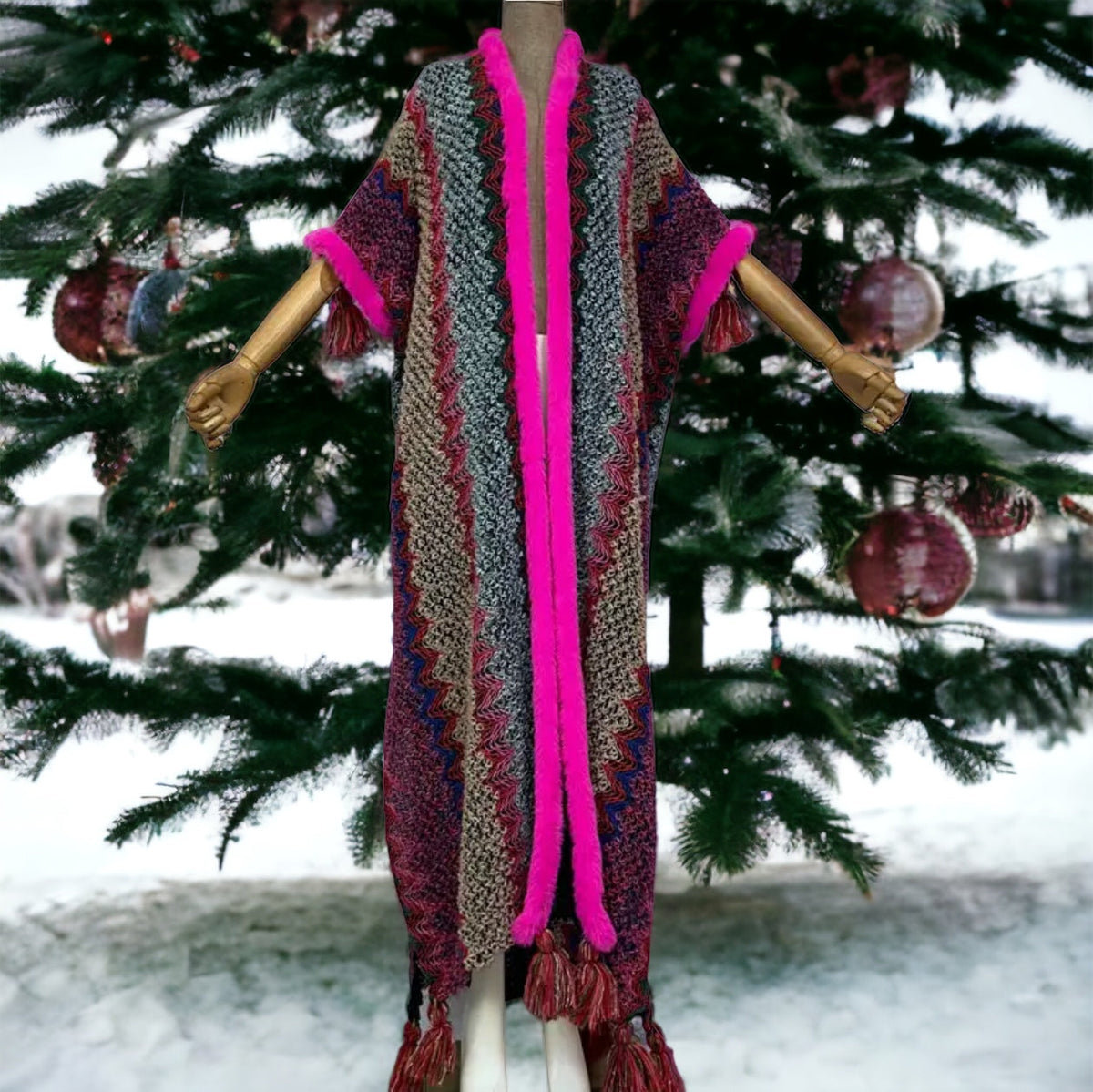 thumbnail image 3 of Woman Bohemian Hot Pink Tassel Knitted Maxi Cardigan, 3 of 3