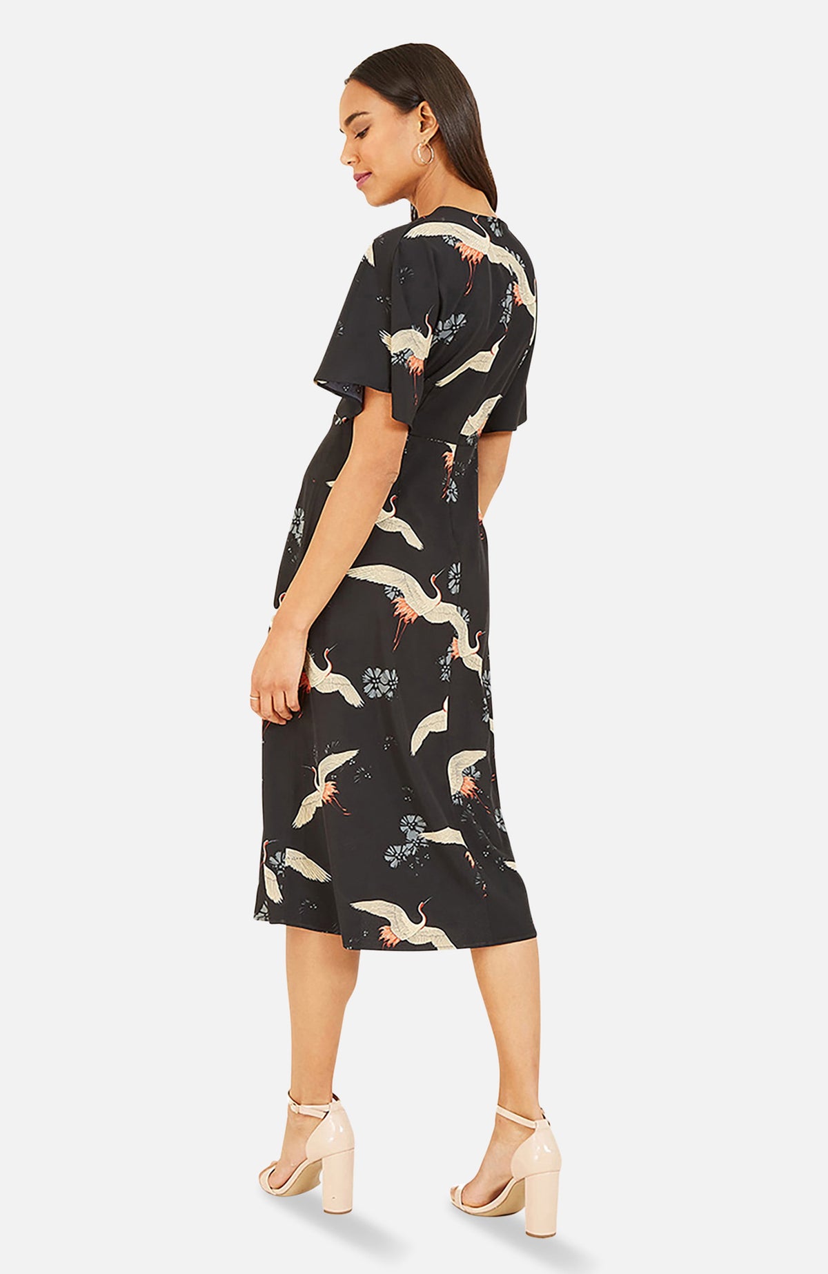 thumbnail image 2 of Yumi Short Sleeve V-Neck Printed Midi Dress - Black, 6, 2 of 5