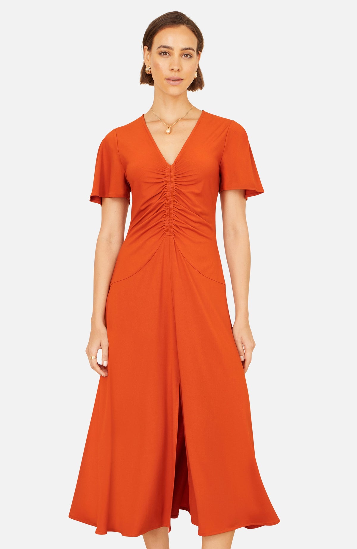 thumbnail image 4 of Yumi Ruched Front Stretch Midi Dress - Orange, 10, 4 of 5