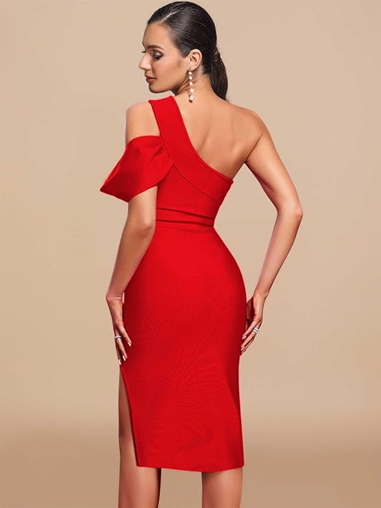 thumbnail image 3 of One Shoulder Ruffle Wedding Guest Dress Slit Bandage Cocktail Dress Formal Party Gowns Color Red Small, 3 of 4