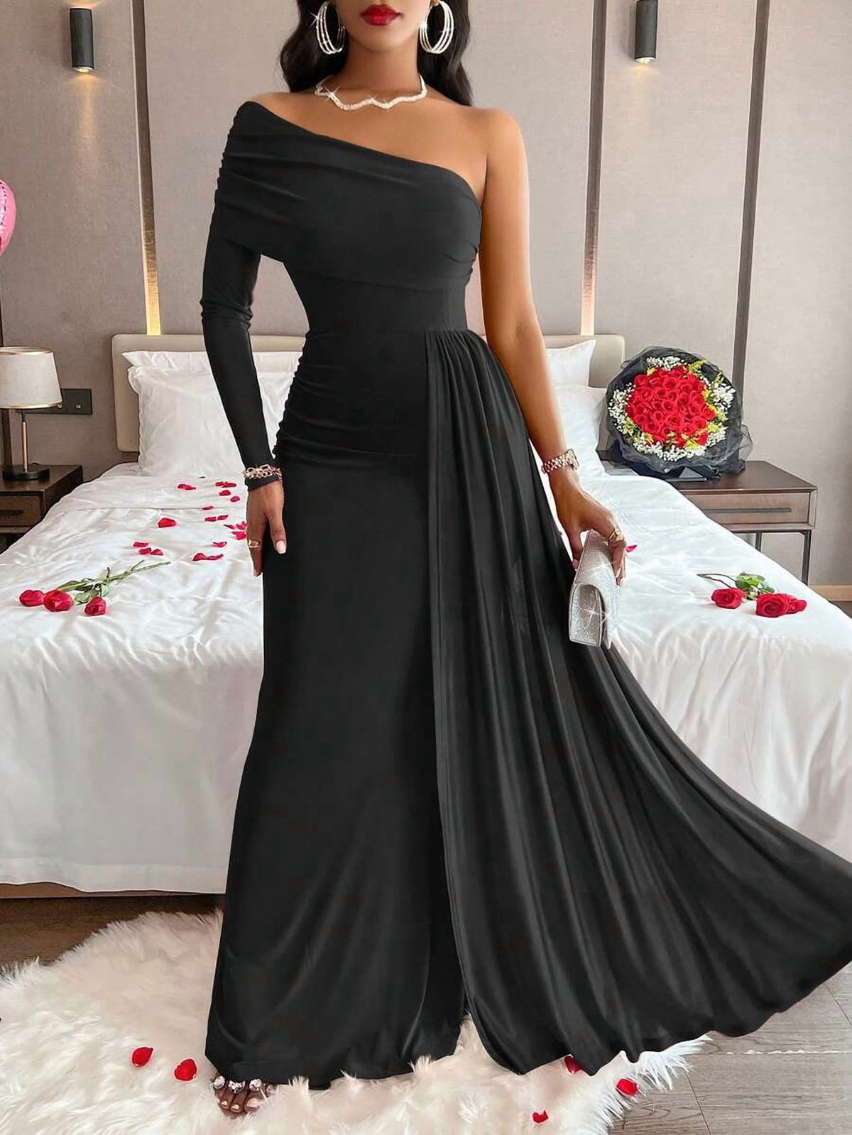 thumbnail image 5 of Womens Elegant Black One-Shoulder Maxi Dress with Asymmetrical Neckline, 5 of 6