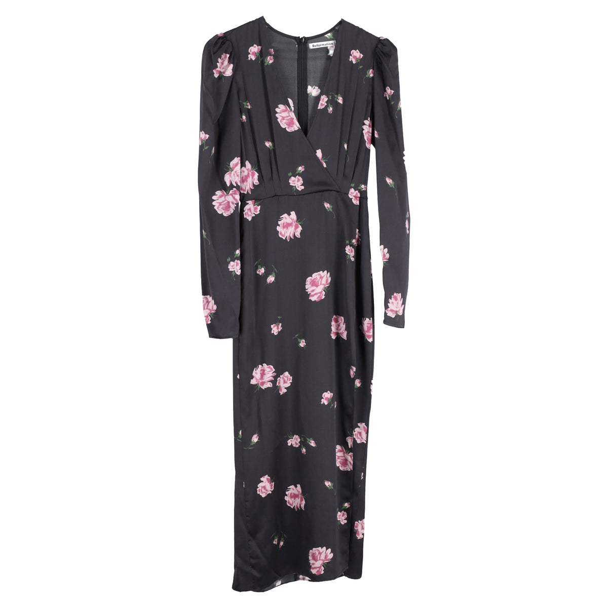 thumbnail image 1 of Pre-Owned Reformation Floral Print Long Sleeve Midi Dress in Black Silk, 1 of 3