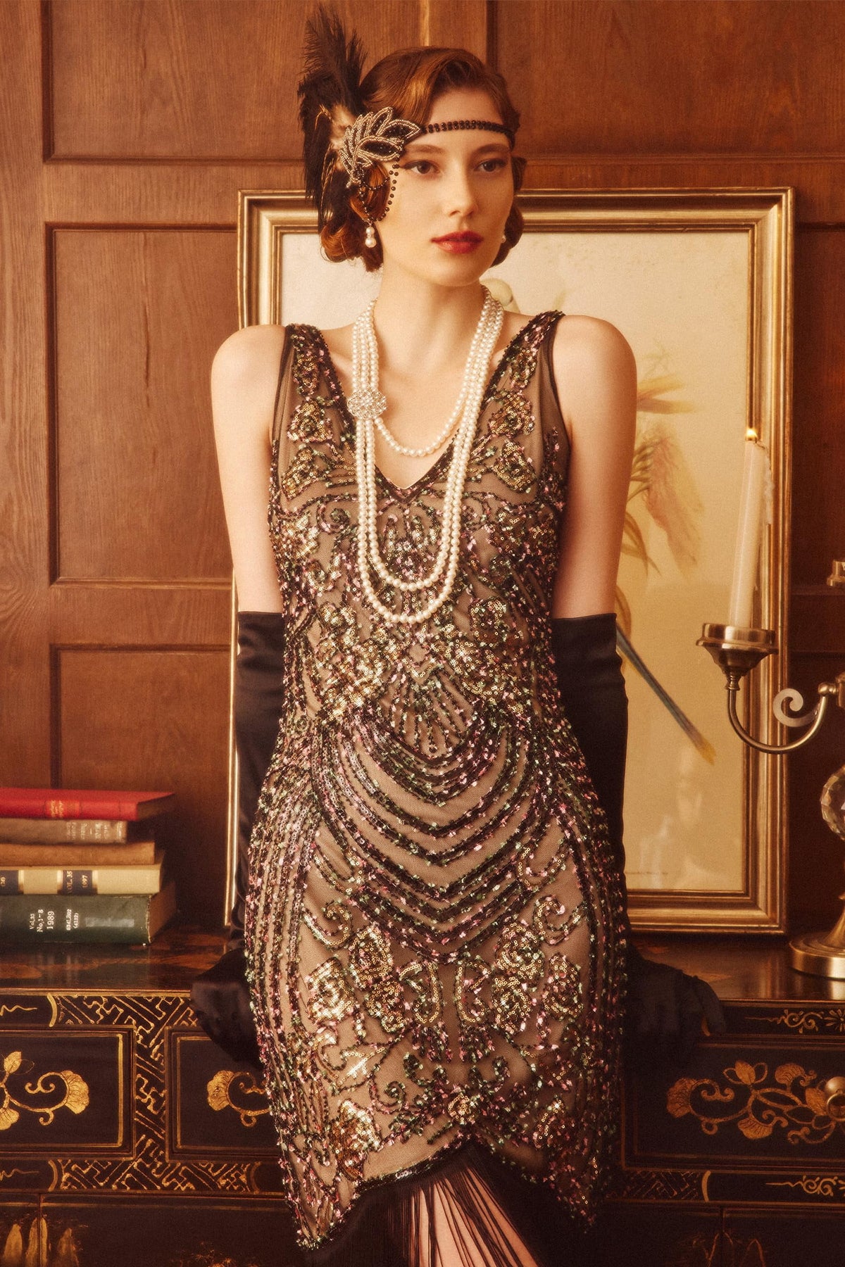 thumbnail image 3 of Konexial Flapper Dresses 1920s V Neck Beaded Fringed Great Gatsby Dress | Colorful Pom-Pom Design, Deep V-Neck & Fitted Silhouette, Breathable Polyester Fabric, for Themed Occasions, 3 of 6