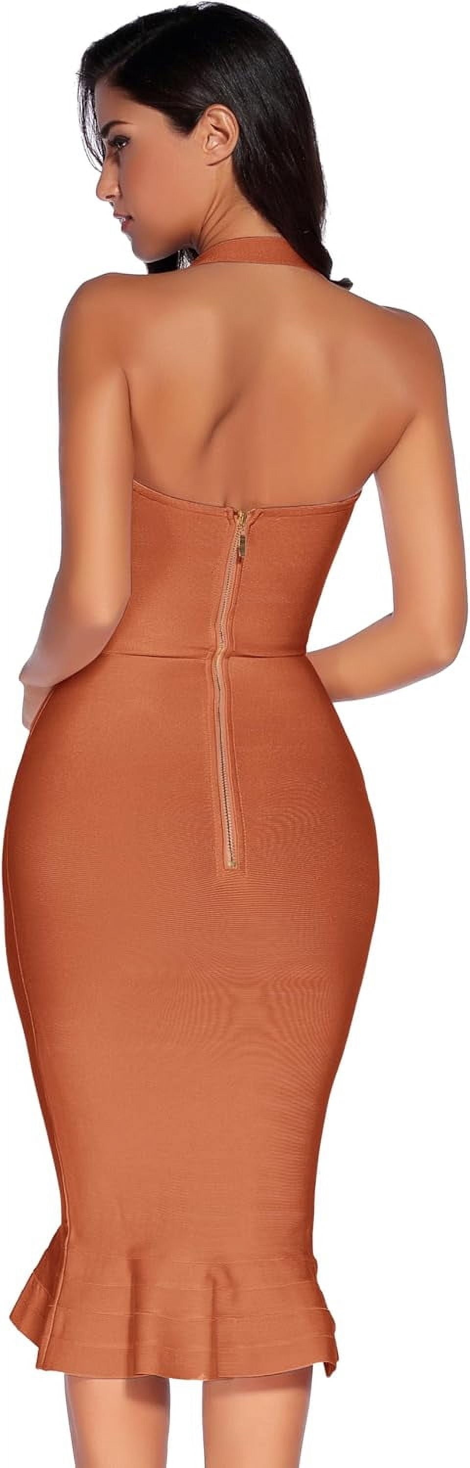 thumbnail image 2 of Womens Halter Fishtail Bandage Party Dress Elegant Wedding Guest Dress Color Sunset Orange X-Small, 2 of 4