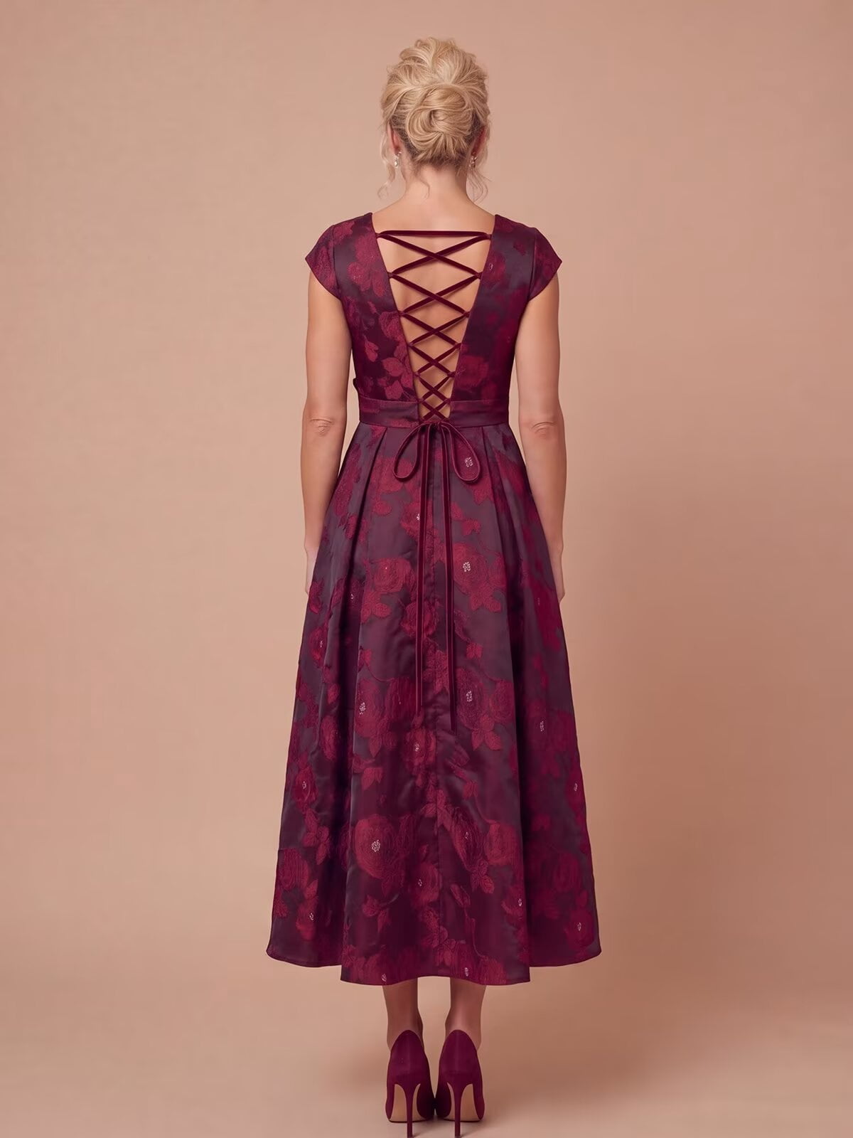 thumbnail image 3 of Women's V Neck Cap Sleeve Mother of the Bride Midi Dress, Floral Jacquard Formal Wedding Guest Gown with Pockets & 3D Rosette, 3 of 11