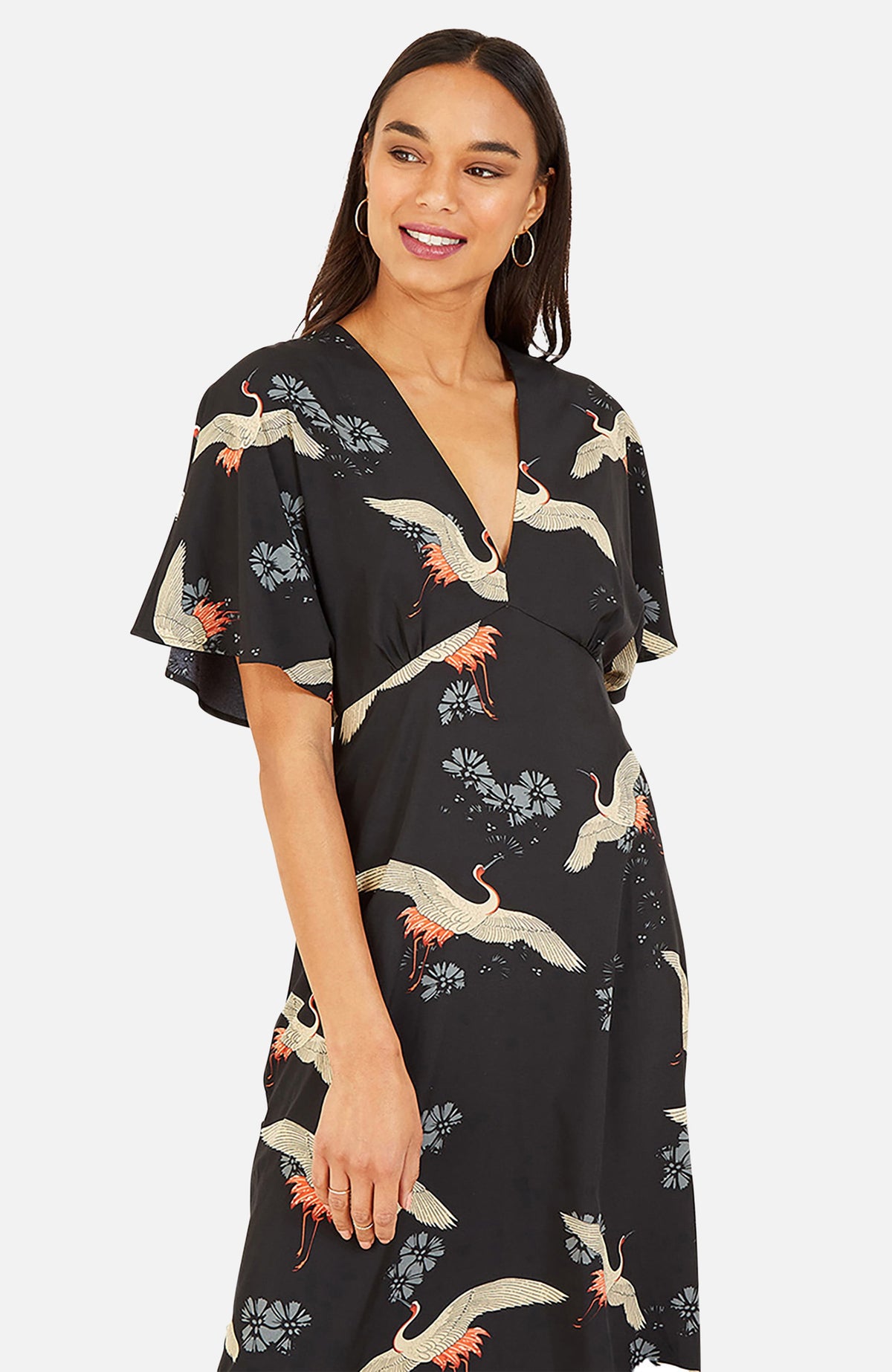 thumbnail image 3 of Yumi Short Sleeve V-Neck Printed Midi Dress - Black, 6, 3 of 5