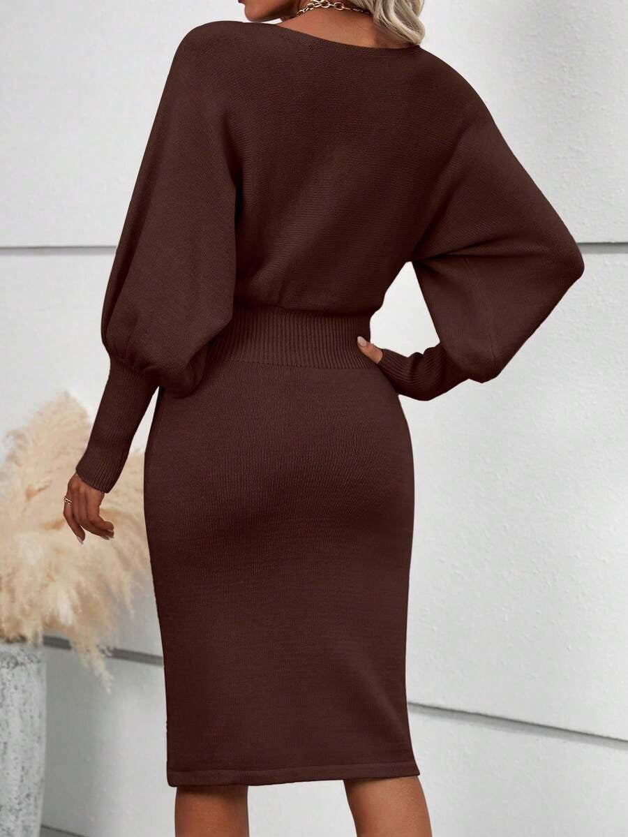 thumbnail image 2 of Coffee Brown Solid Lantern Sleeve Rib Knit Sweater Dress Fall Winter Cloth, 2 of 6