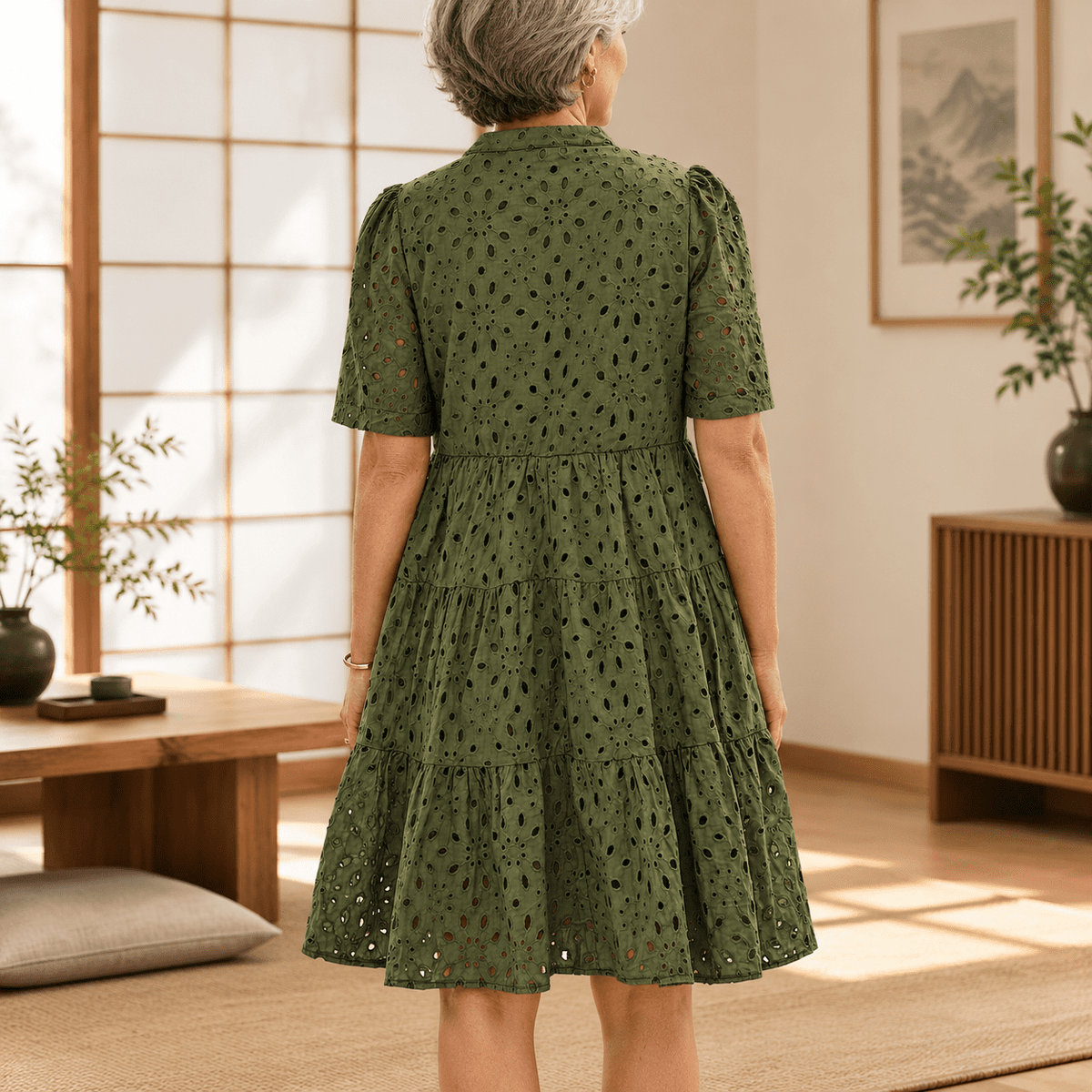 thumbnail image 3 of Lace Hollow Out Eyelet Mini Boho Summer Dress for Women, Army Green, Small, 3 of 8
