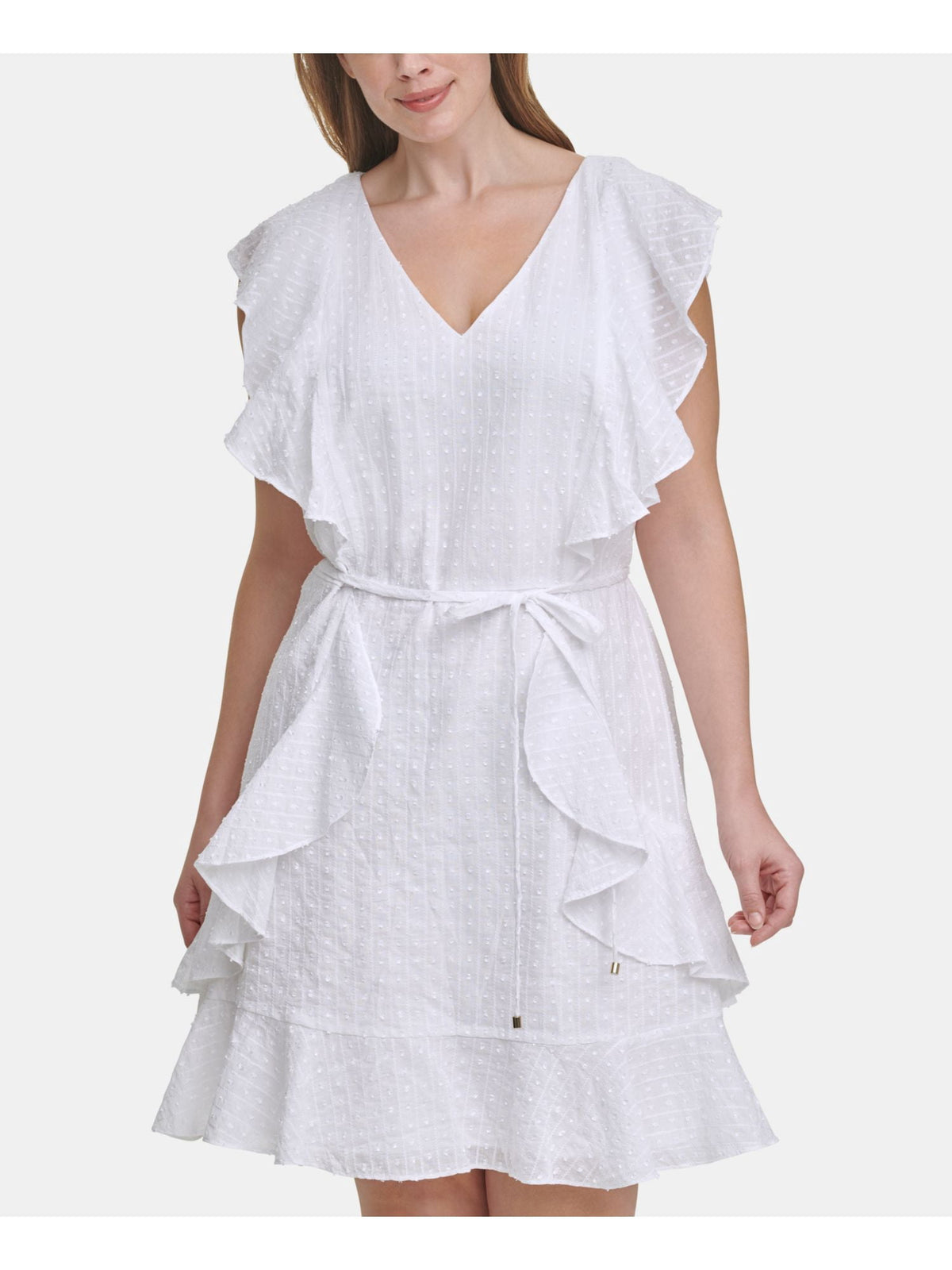 thumbnail image 3 of TOMMY HILFIGER Womens White Zippered Ruffled Self-tie Waist Cap Sleeve V Neck Above The Knee Party Fit + Flare Dress Plus 22W, 3 of 4