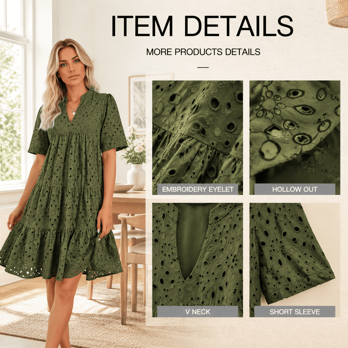thumbnail image 6 of Lace Hollow Out Eyelet Mini Boho Summer Dress for Women, Army Green, Small, 6 of 8