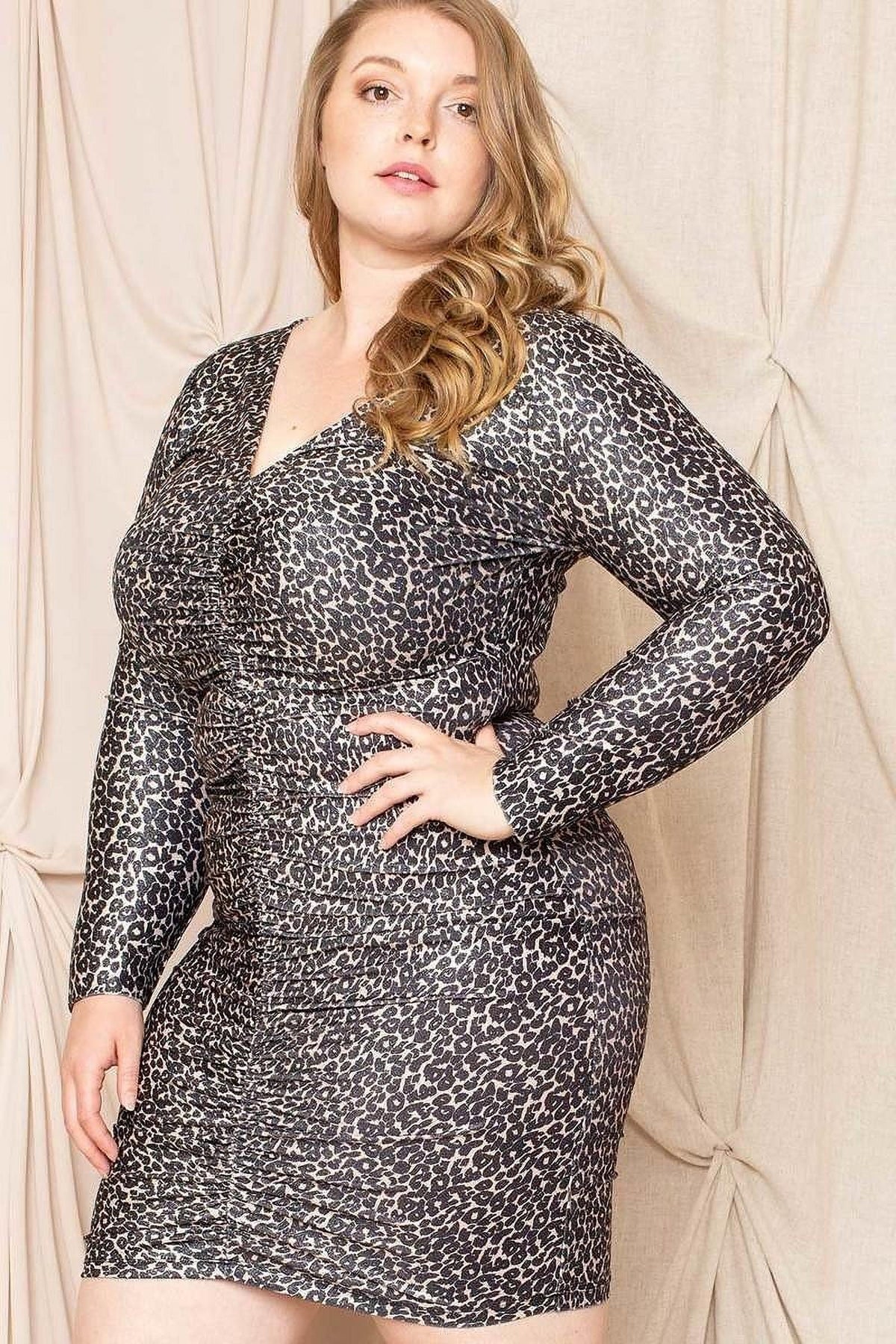 thumbnail image 4 of Leopard Print Shirring Plus Size Mini Dress 2XL, 4 of 4