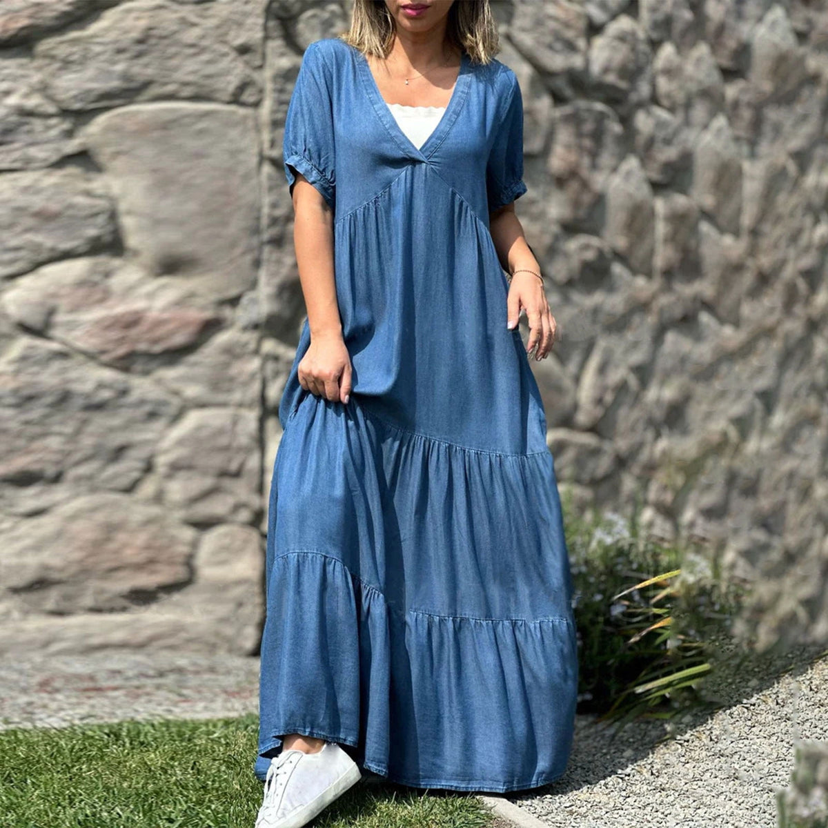 thumbnail image 4 of OSFVNOXV Denim Look Dress for Women Plus Size Summer Boho Loose Tiered Maxi Dress Casual V-Neck Flowy A-Line Tunic Shirt Dress,S-5XL, 4 of 6