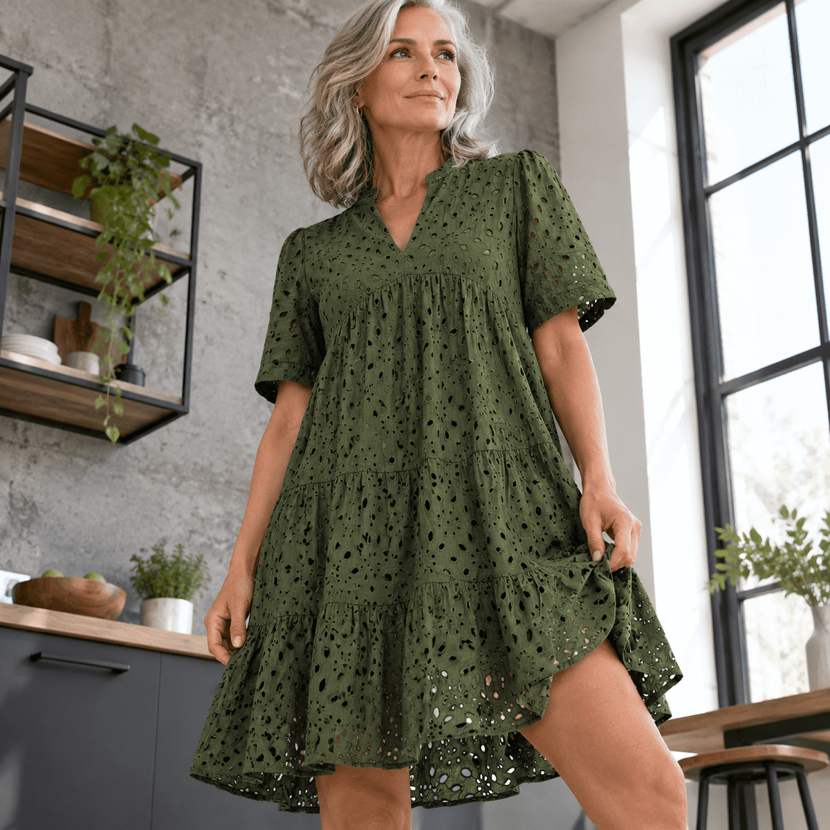 thumbnail image 4 of Lace Hollow Out Eyelet Mini Boho Summer Dress for Women, Army Green, Small, 4 of 8