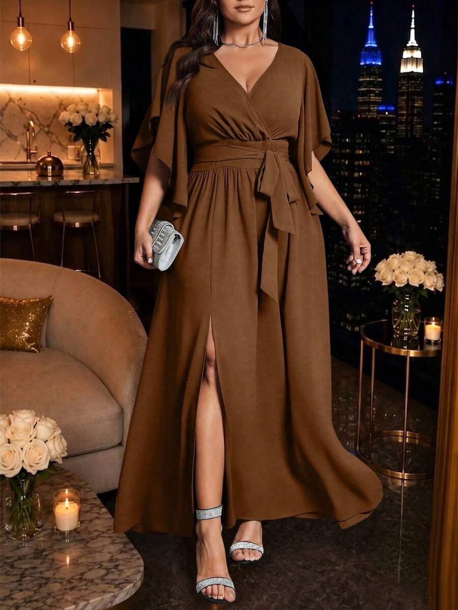 thumbnail image 5 of Dress Brown Tie Waist Flutter Sleeves Split Hem Elegant Party Gown, 5 of 7