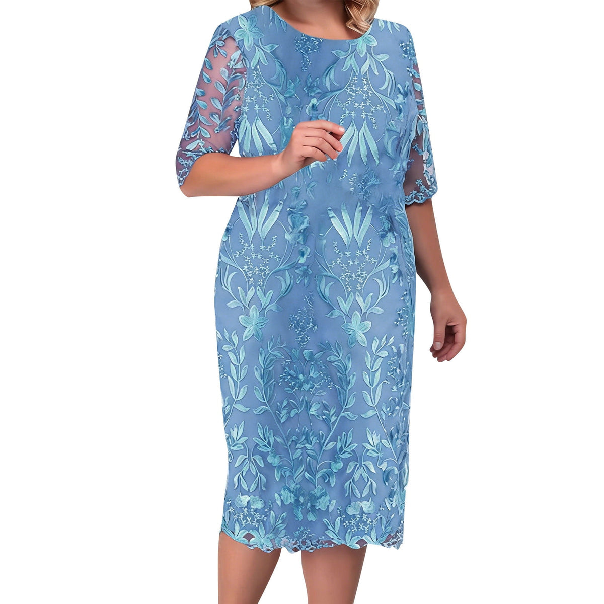 thumbnail image 2 of Uootdi Plus Size Dresses for Women Crew Neck 3/4 Sleeve Embroidered Dresses Elegant Formal Midi Dresses Party Wear Gift, 2 of 6