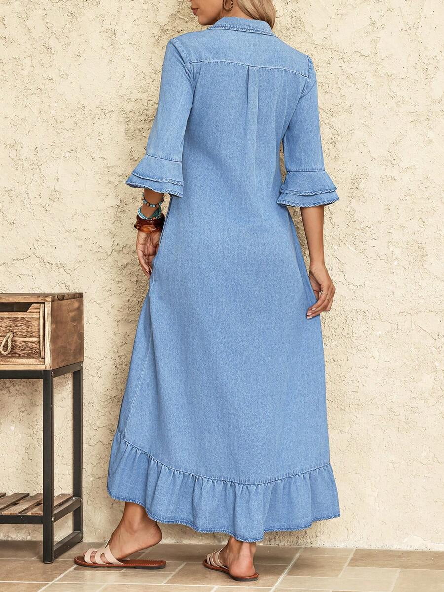 thumbnail image 2 of Womens Light Blue Denim Shirt Dress, Retro 70s Style Bell Sleeves, 2 of 8