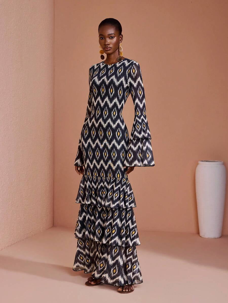 thumbnail image 3 of Multicolor Boho Chic Tiered Maxi Dress with Geometric Print, Flared Bell, 3 of 8