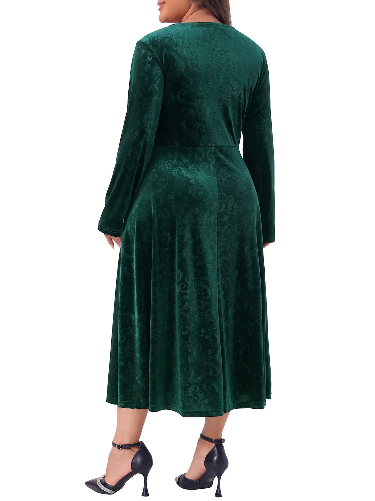 thumbnail image 6 of Agnes Orinda Women's Plus Size Halloween Outfits Velvet Jacquard V Neck Long Sleeve Flowy Dress Cocktail Evening Party Maxi A Line Dresses L Green, 6 of 9