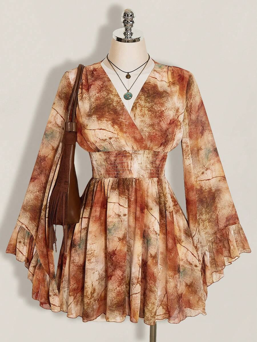 thumbnail image 6 of Womens Multicolor Abstract Print V-Neck Bell Sleeve Mini Dress, 6 of 10