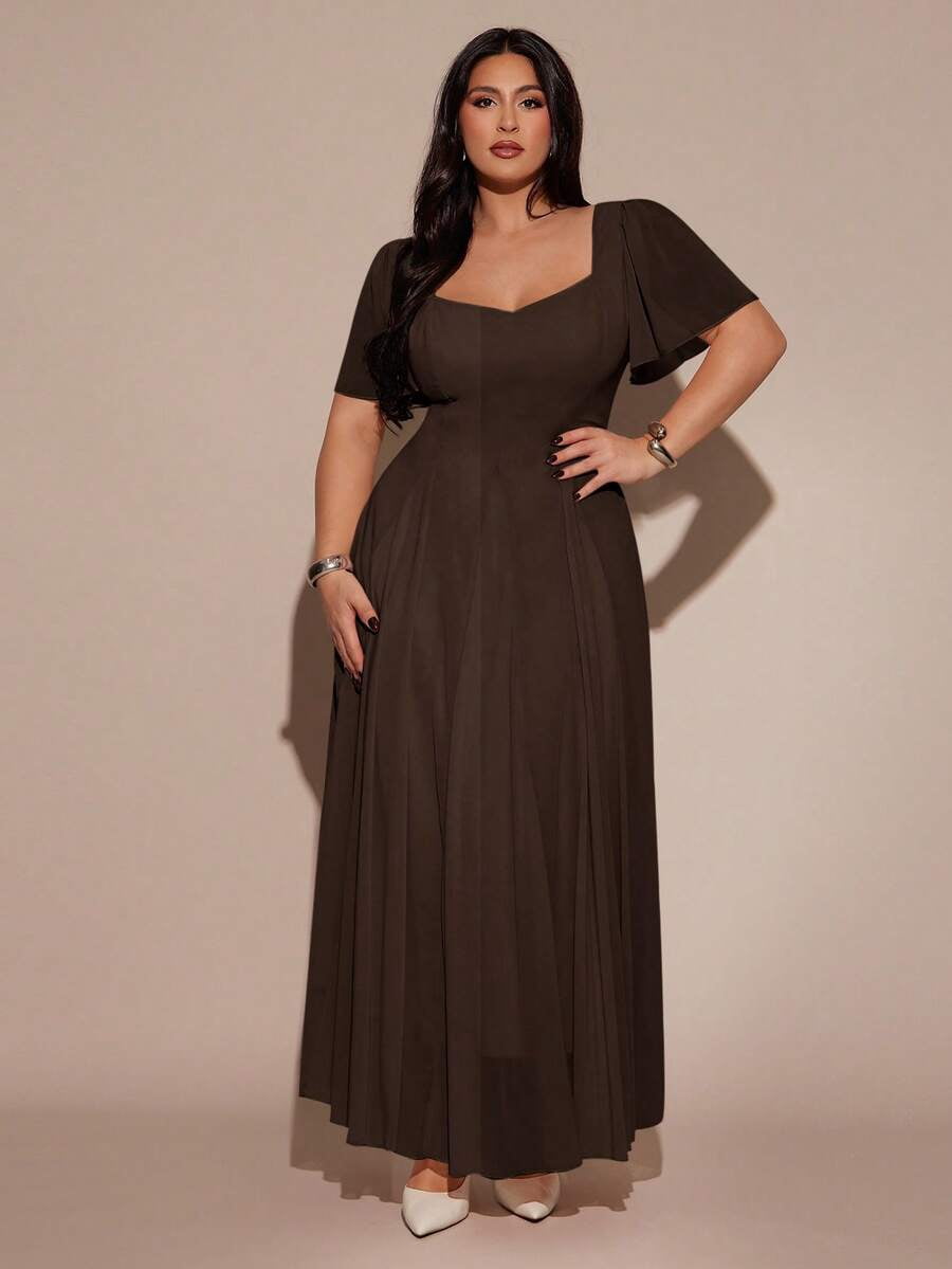 thumbnail image 5 of Brown Plus Size Summer Elegant Solid Color Cinched Waist Dress, 5 of 8