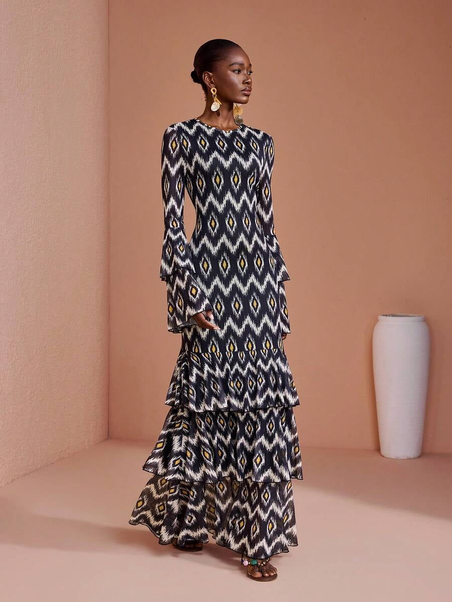 thumbnail image 5 of Multicolor Boho Chic Tiered Maxi Dress with Geometric Print, Flared Bell, 5 of 8