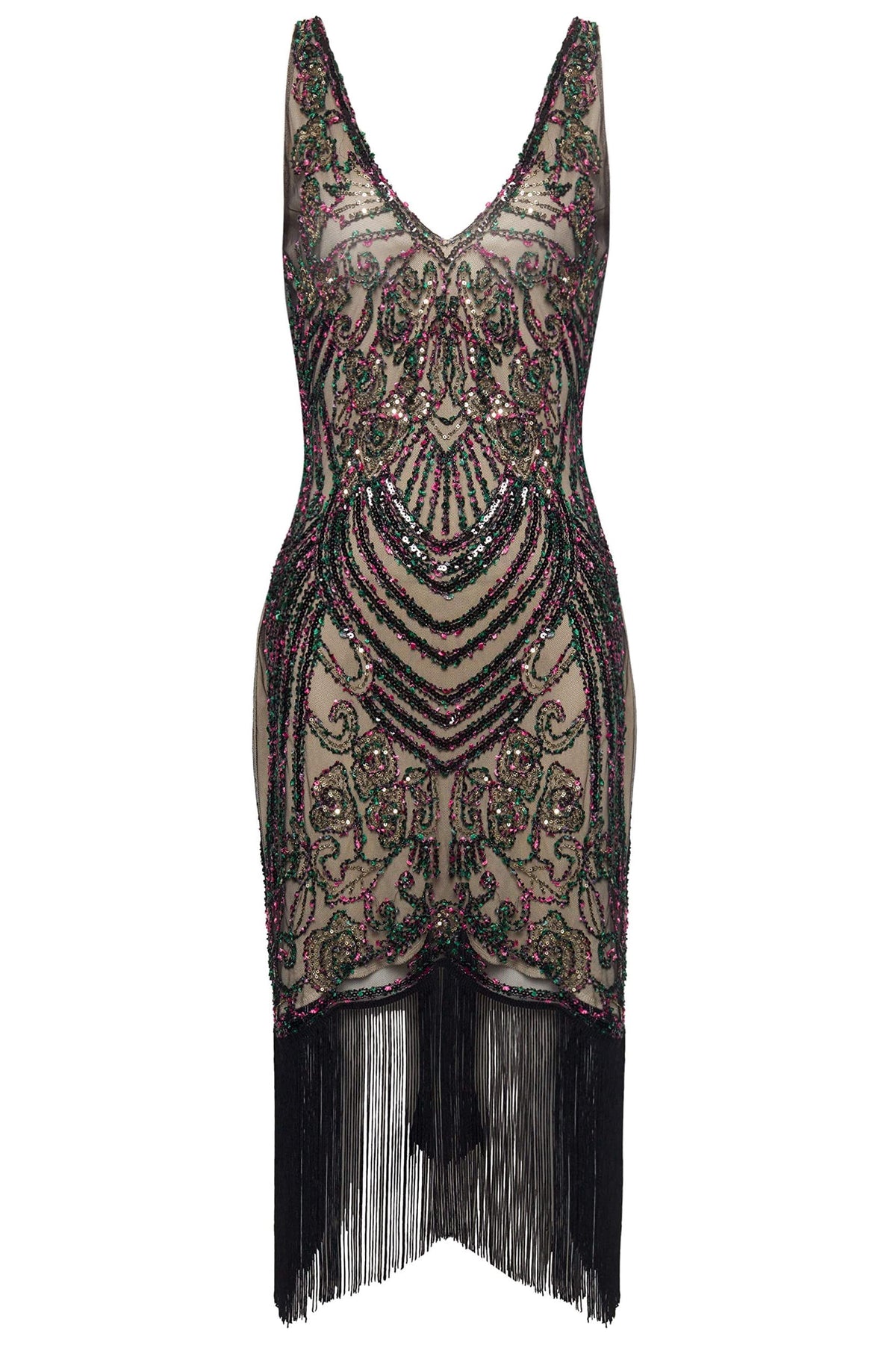 thumbnail image 6 of Konexial Flapper Dresses 1920s V Neck Beaded Fringed Great Gatsby Dress | Colorful Pom-Pom Design, Deep V-Neck & Fitted Silhouette, Breathable Polyester Fabric, for Themed Occasions, 6 of 6