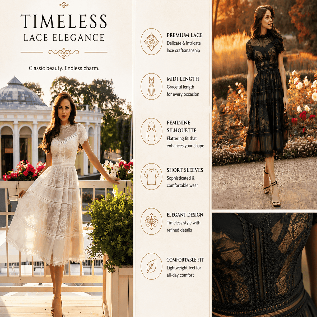 thumbnail image 3 of Elegant Lace Midi Short Sleeves Dress, Women's Formal Cocktail Party Dress, 3 of 5