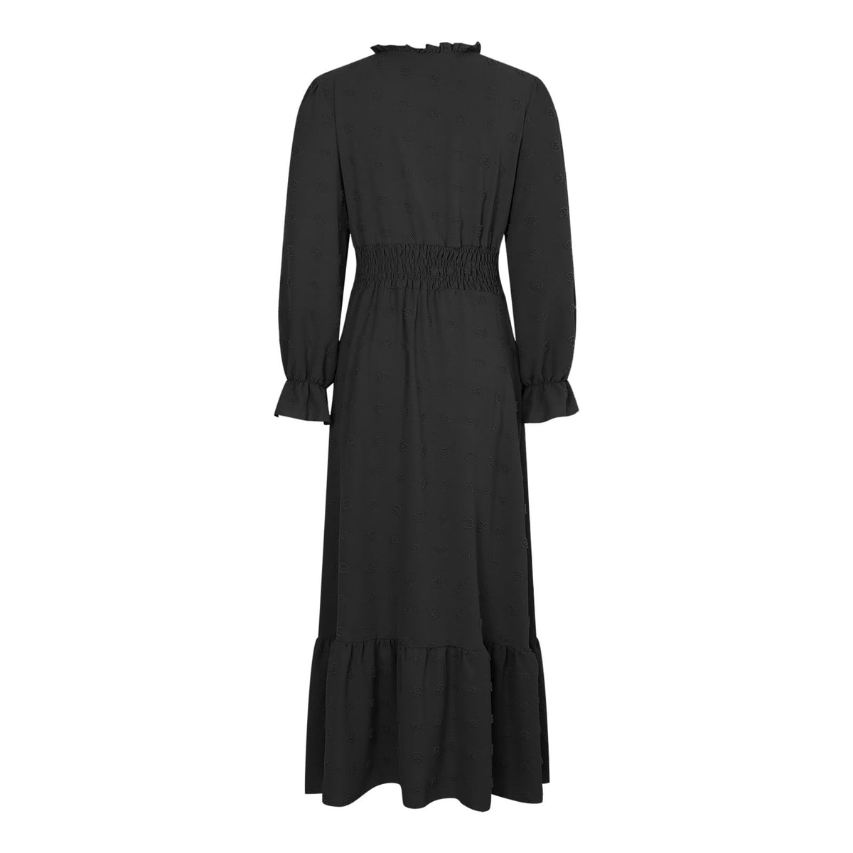 thumbnail image 5 of felwors Women Fall Maxi Dresses 2025 Long Sleeve V Neck Swiss Dots High Waisted A-Line Ruffle Boho Long Dress Vacation Black, XL, 5 of 5
