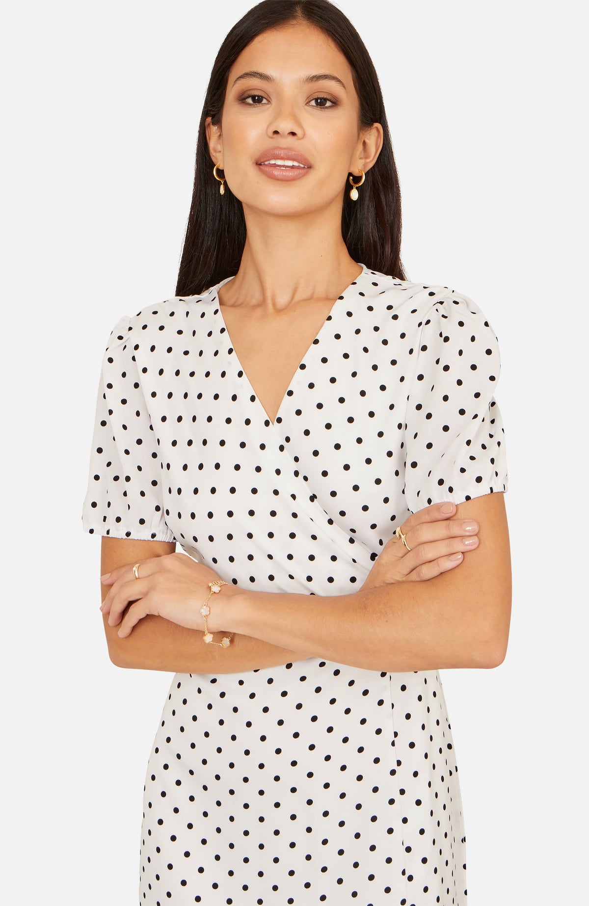 thumbnail image 4 of Yumi Spot Print Wrap Tea Dress - White, 4, 4 of 5