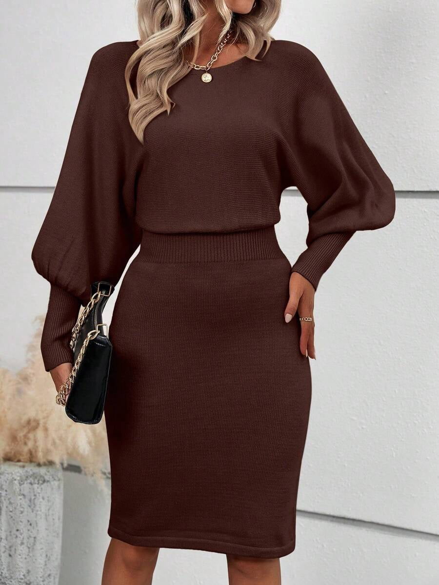 thumbnail image 4 of Coffee Brown Solid Lantern Sleeve Rib Knit Sweater Dress Fall Winter Cloth, 4 of 6