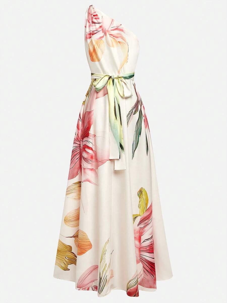 thumbnail image 3 of Apricot Floral Halter Maxi Dress With Belt, Sleeveless Elegant Evening Gown, 3 of 5