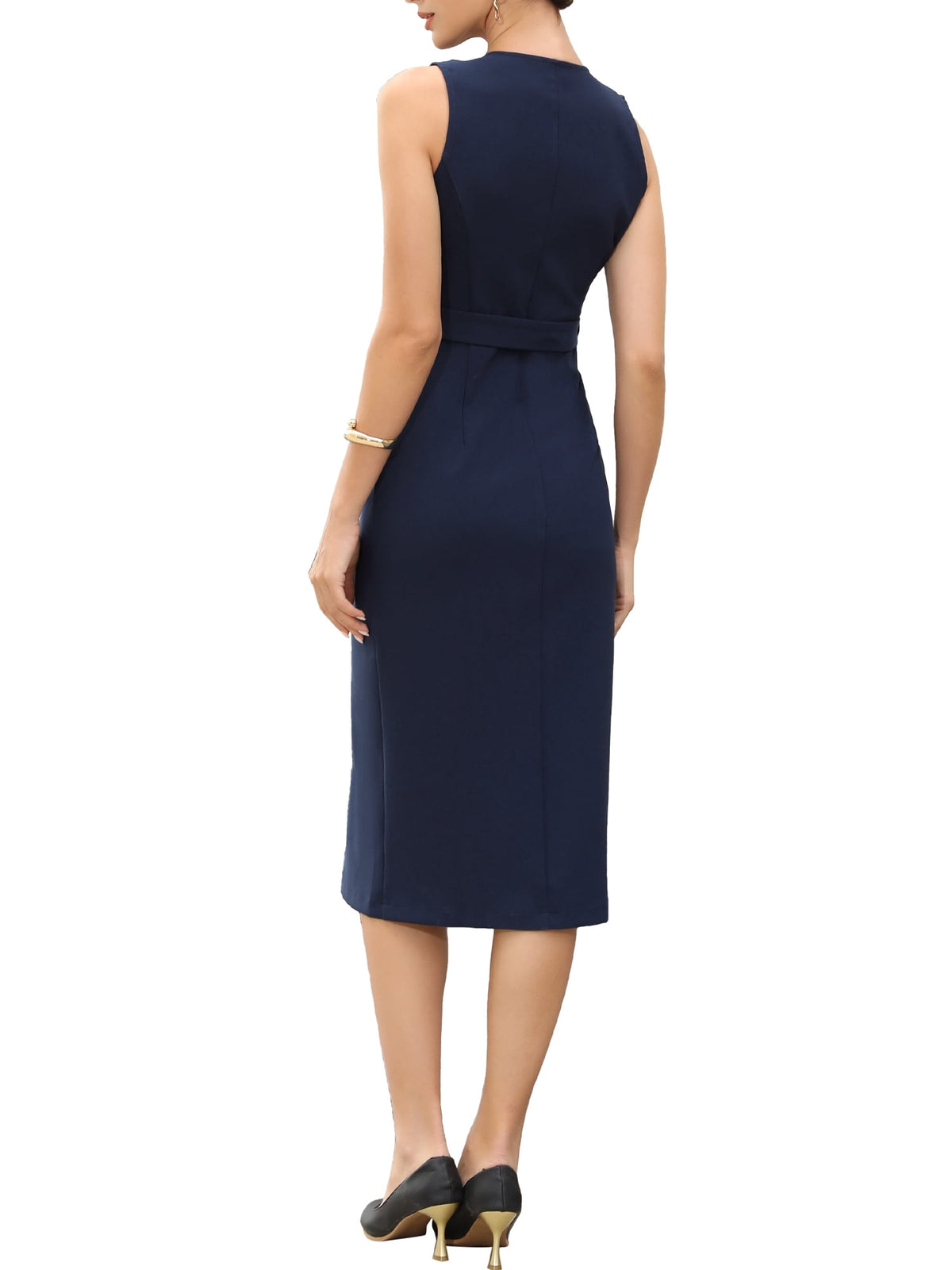 thumbnail image 3 of INSPIRE CHIC Double Breasted Work Dress for Women's Sleeveless Business Crewneck Formal Belted Pencil Dress XS Dark Blue, 3 of 6