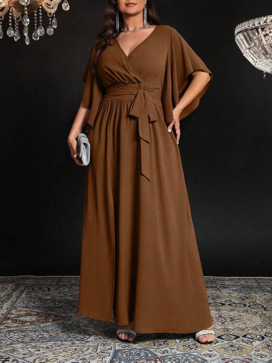 thumbnail image 3 of Dress Brown Tie Waist Flutter Sleeves Split Hem Elegant Party Gown, 3 of 7