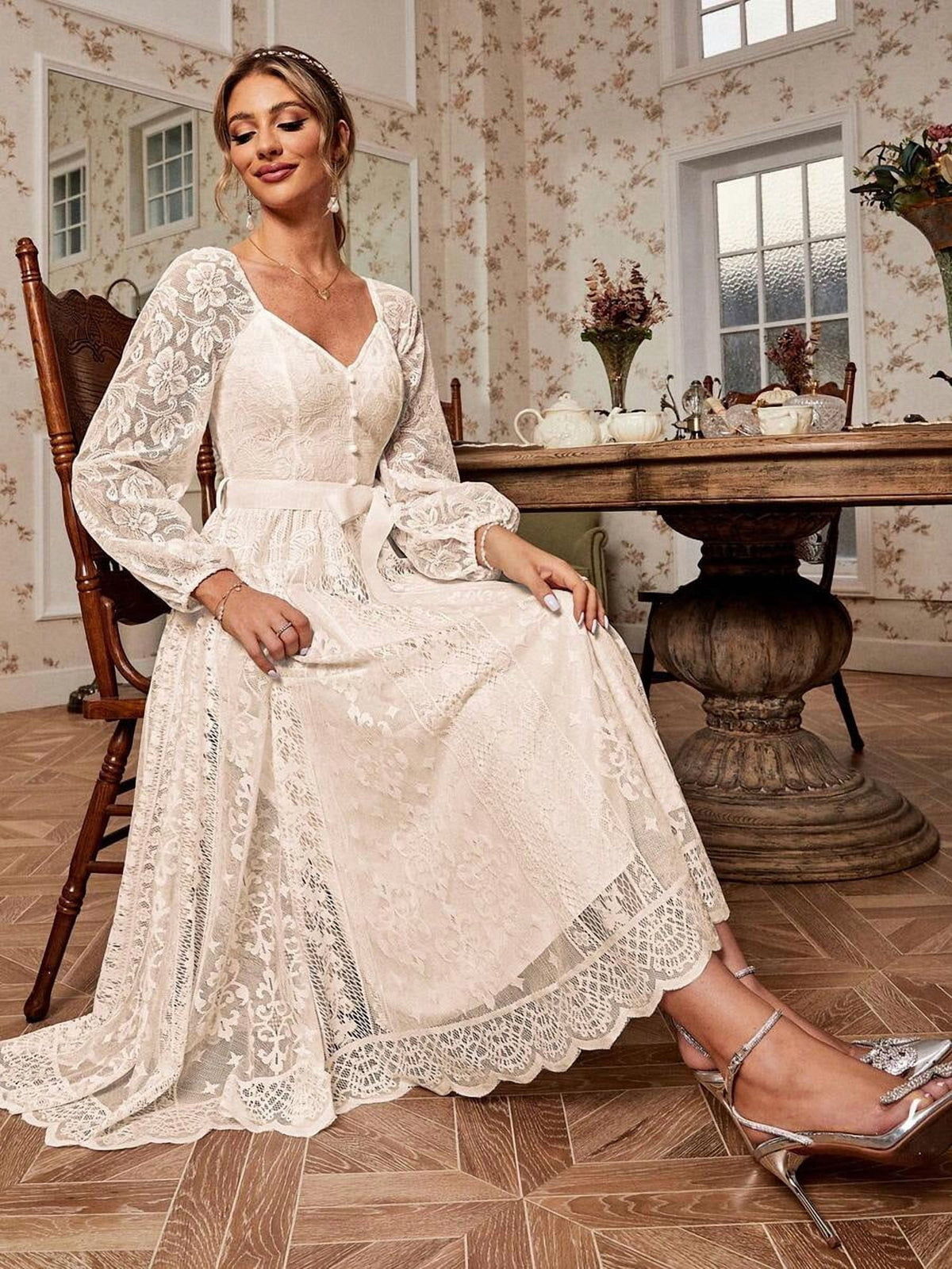 thumbnail image 5 of Elegant Pink Lace Fit & Flare Midi Dress With V-Neck And Belted Waist, 5 of 17