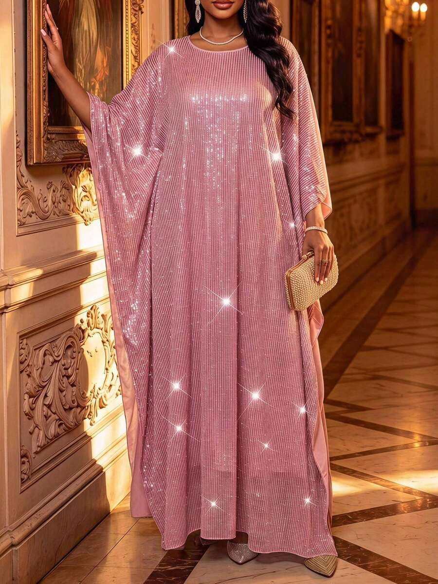 thumbnail image 6 of Plus Size Elegant Coral Pink Sequin Mesh Batwing Sleeve Loose Caftan, 6 of 7