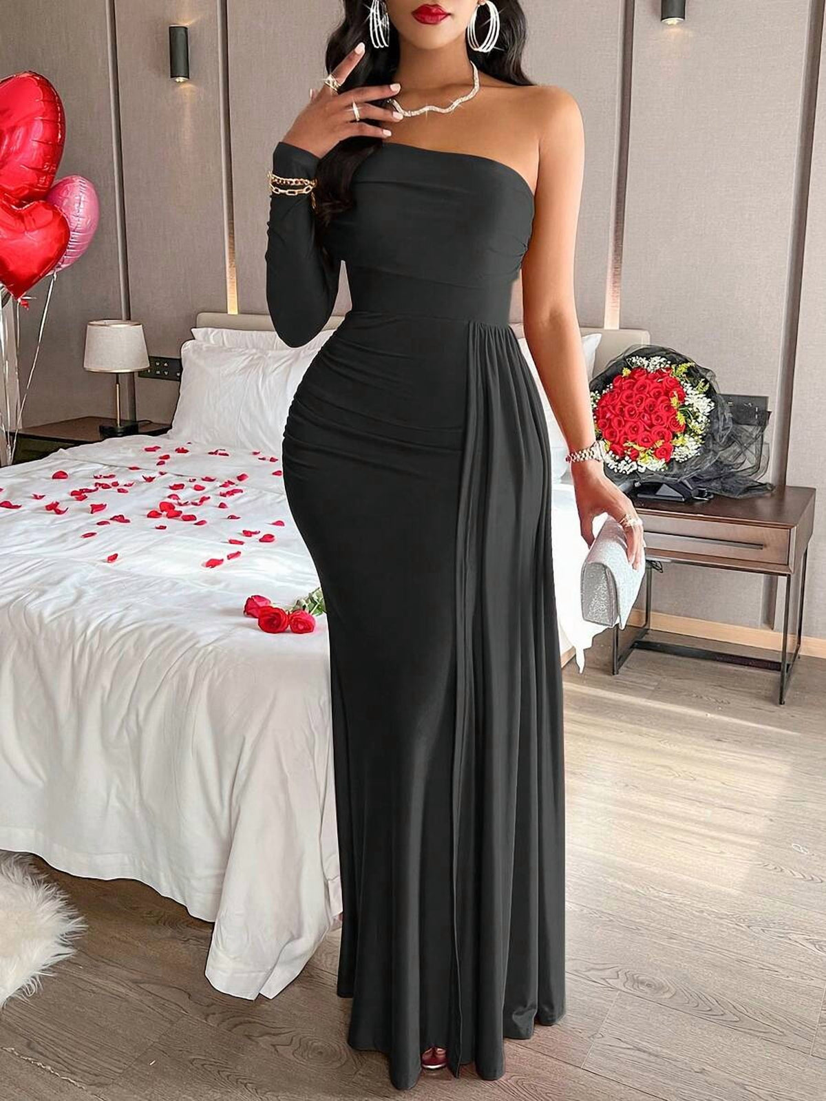 thumbnail image 3 of Womens Elegant Black One-Shoulder Maxi Dress with Asymmetrical Neckline, 3 of 6