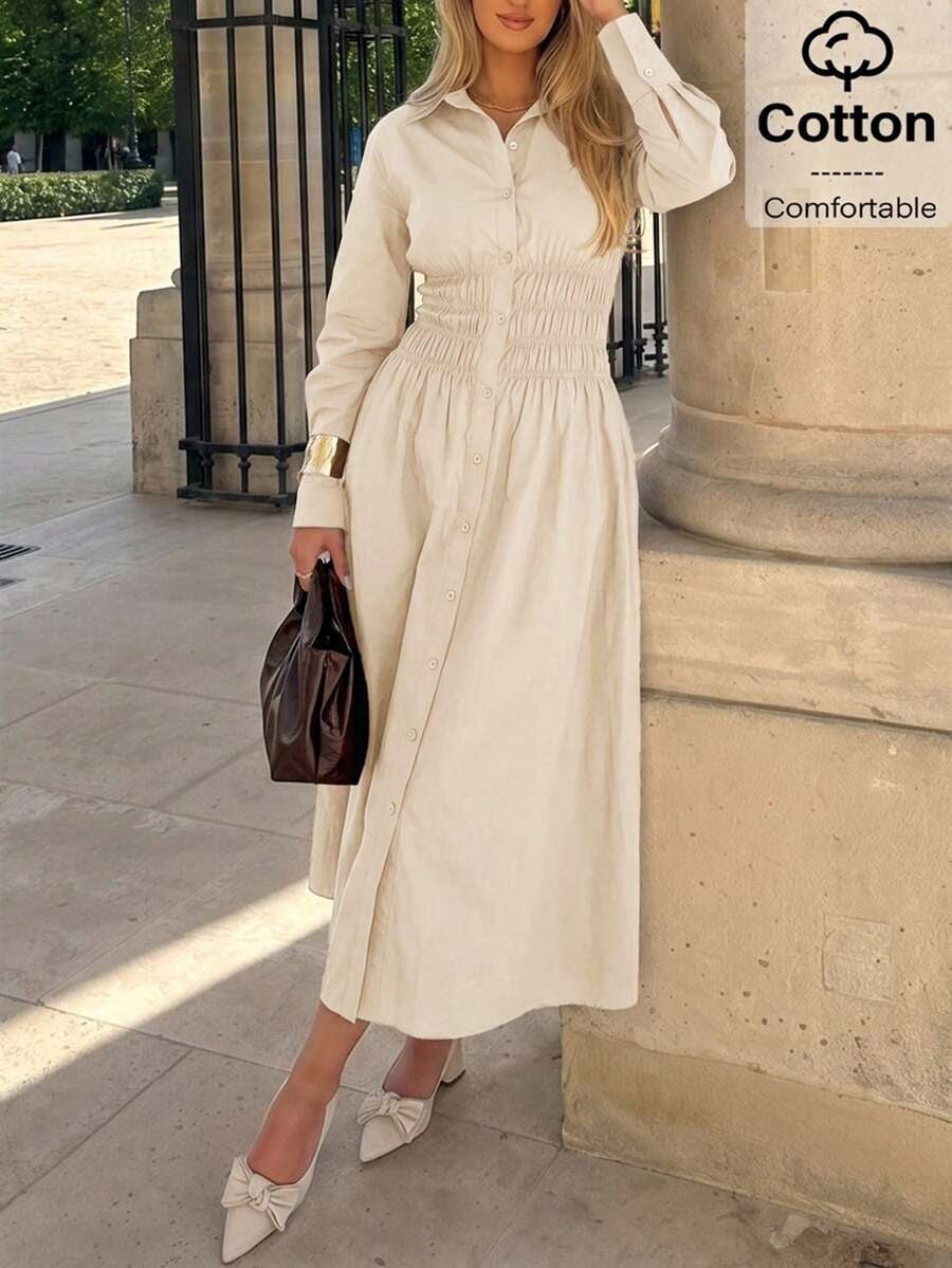 thumbnail image 4 of Women Apricot Cotton Long Shirt Dress Solid Color Button Front Smocked, 4 of 6