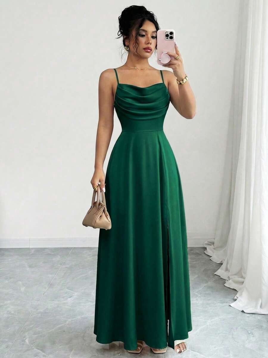 thumbnail image 5 of Womens Dark Green Satin Spaghetti Strap Cowl Neck Evening Gown, 5 of 8