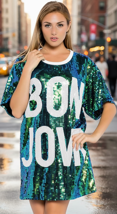 thumbnail image 2 of 2Chique Boutique Women's Oversized Sequins Classic Bonjour T-Shirt Dress, 2 of 4