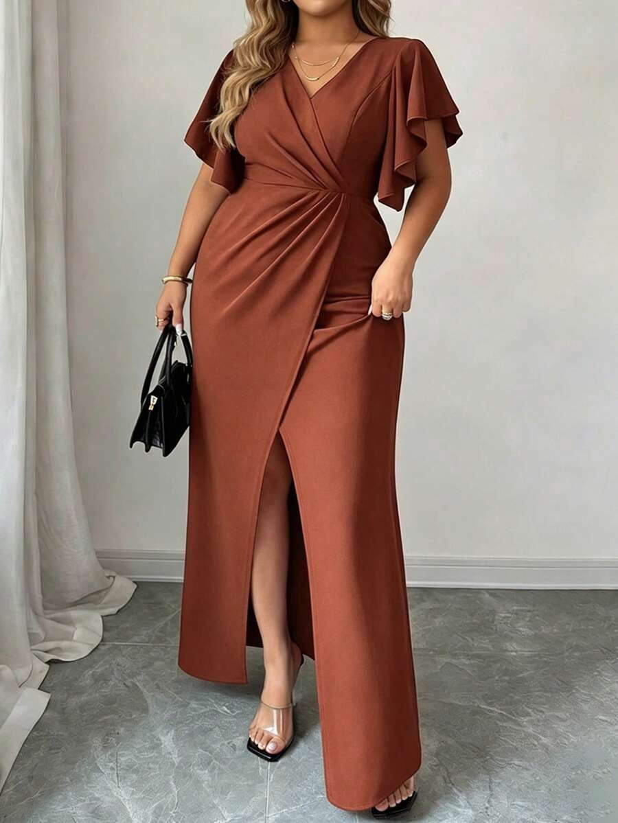 thumbnail image 3 of Womens Rust Brown Ruched Waist Cross V-Neck Long Dress With Ruffle Sleeves, 3 of 5