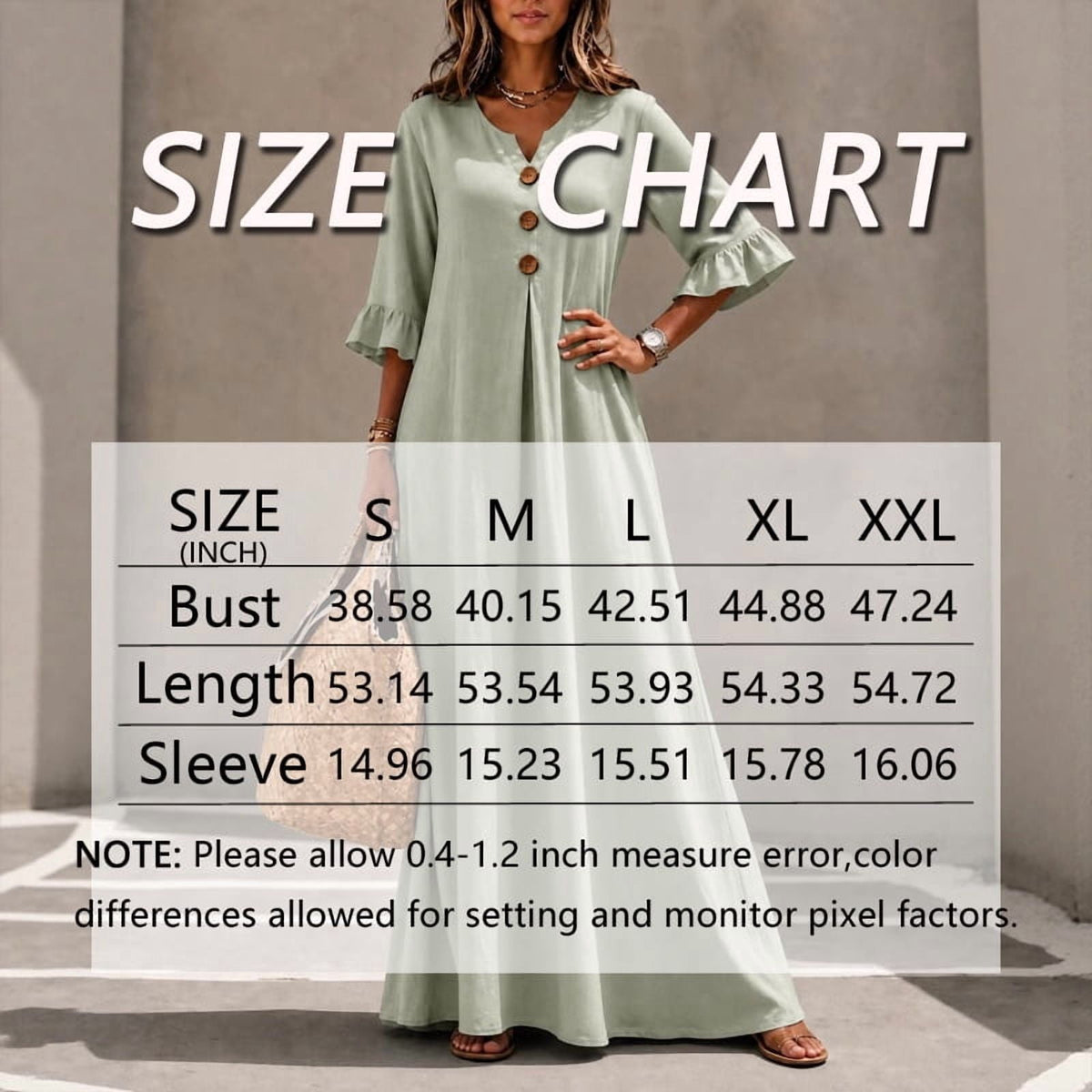 thumbnail image 2 of Morttic Women's 3/4 Ruffle Mid Sleeve Solid Color Maxi Dress – V-Neck Button Front Loose Vacation Long Dress with Pockets Matcha Green，S, 2 of 2