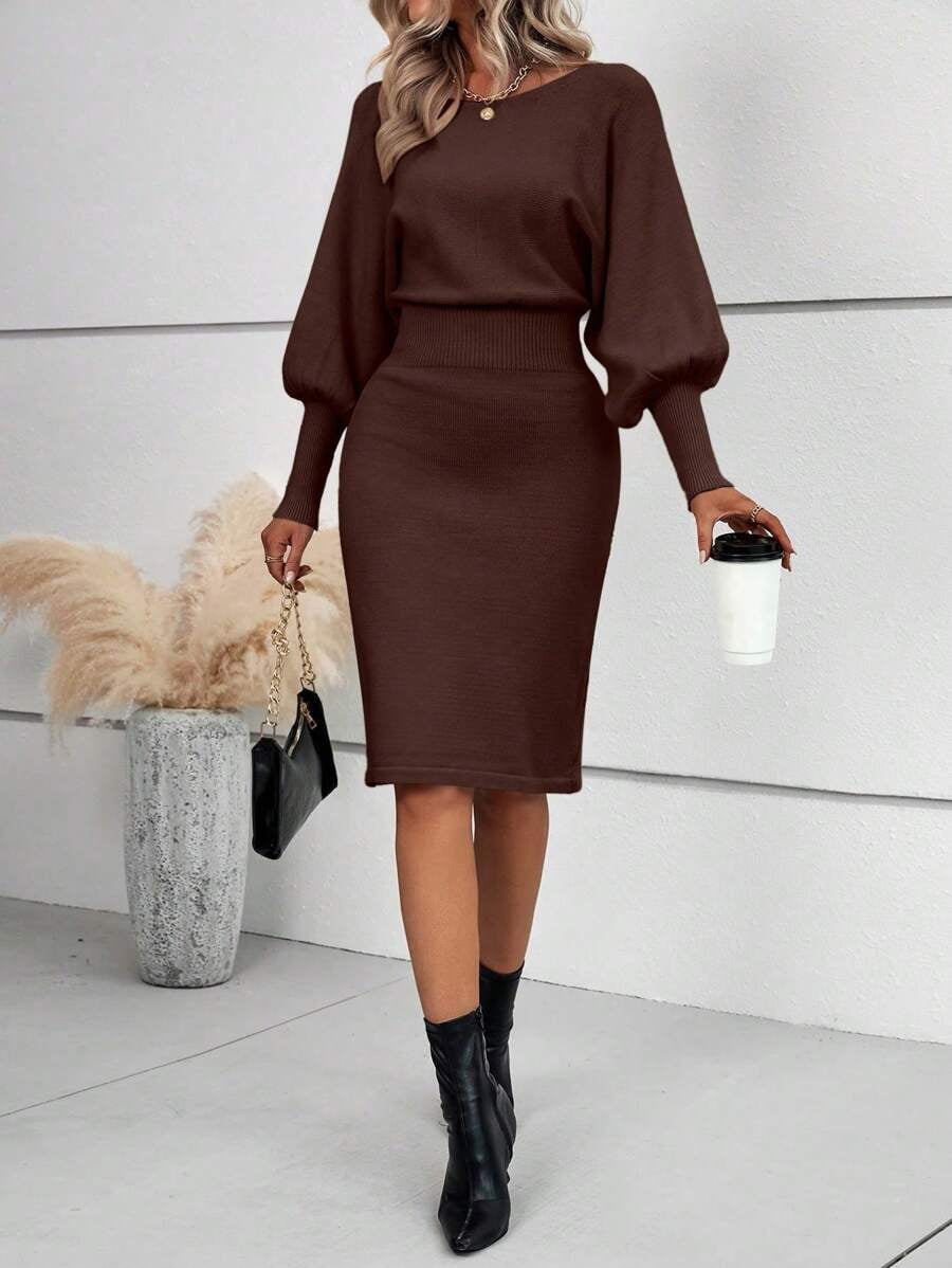 thumbnail image 3 of Coffee Brown Solid Lantern Sleeve Rib Knit Sweater Dress Fall Winter Cloth, 3 of 6